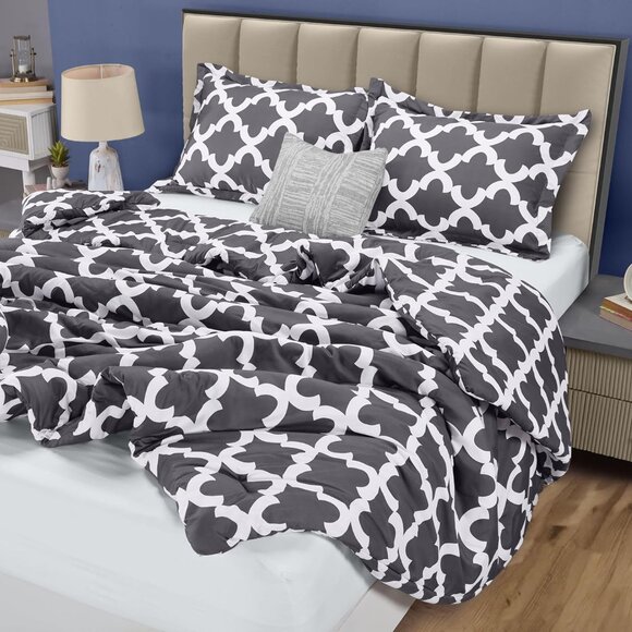 Comforter Set Grey, Printed Comforters King  or Queen Size, 3 Piece Lightweight - Picture 4 of 5